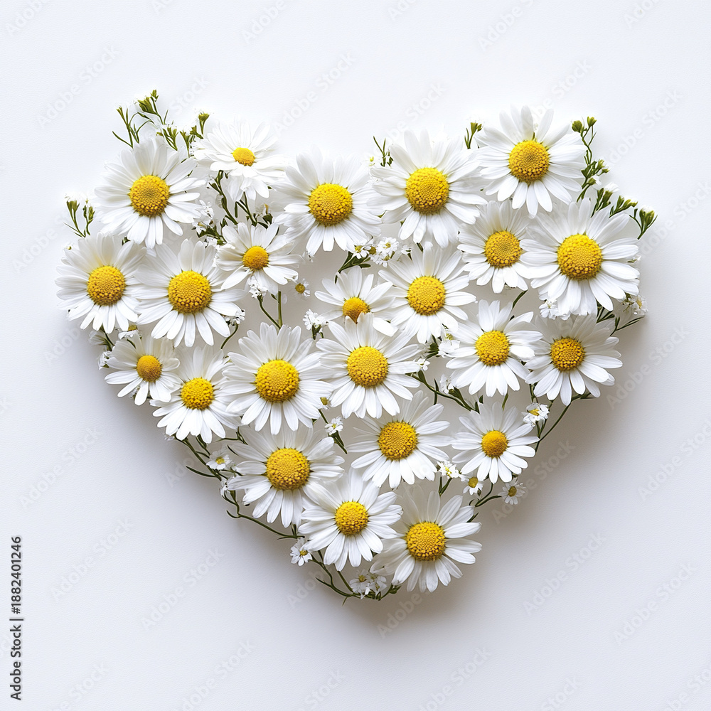 Obraz premium Heart shape made of fresh white daisies with yellow centers and small green leaves arranged on white background, creating charming and delicate floral design