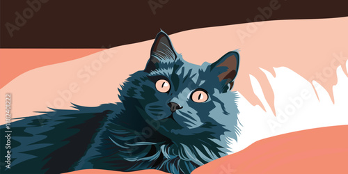 Modern pop art style portrait of a curious gray cat looking upwards