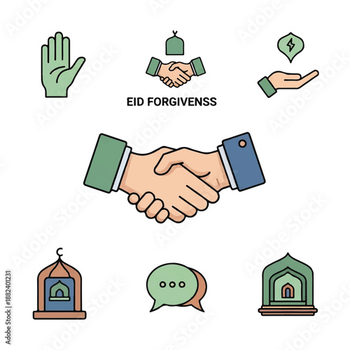 Handshake Illustration with Islamic Symbols and Charity.