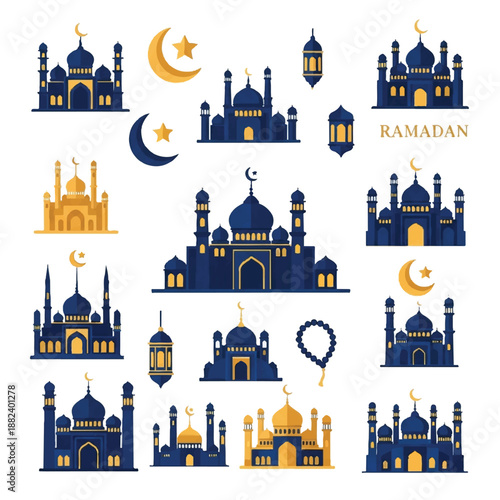 Islamic Mosque Icons with Crescent Moon Symbols 1.