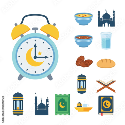 Ramadan Theme Icons with Alarm Clock.