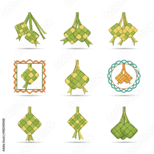 Ketupat Traditional Food Icon Set Illustration.