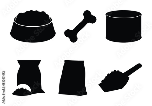 Pet Food and Accessories Silhouette Set - Dog Bone, Bowl, and Dry Food Bag Vector
