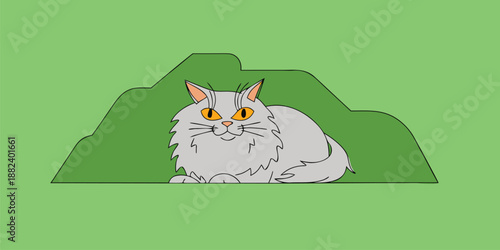 A charming cartoon fluffy white cat peeking from vibrant green foliage illustration