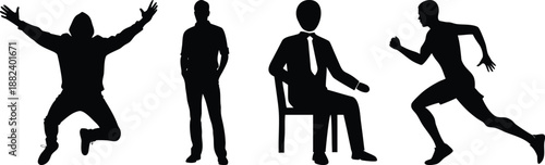 Active People Silhouette Set - Jumping for Success, Running Athlete, and Sitting Businessman