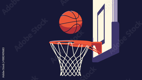 Basketball going through the hoop, basketball net, slam dunk, basketball game, sports action, basketball court.