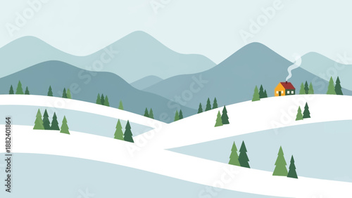 Serene Winter Landscape with Small Cottage and Snowy Mountains.