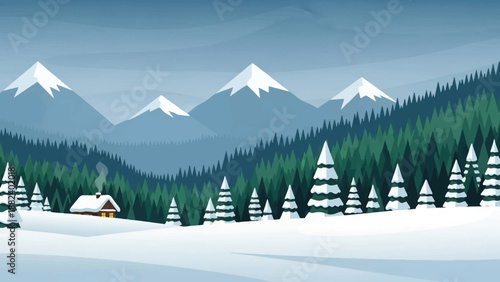 Serene Winter Landscape with Snowy Mountains and Forest.