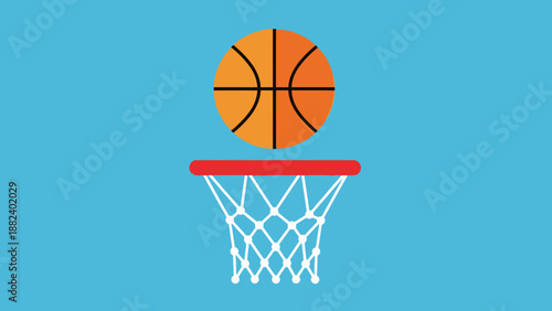 Basketball going through the hoop on blue background.