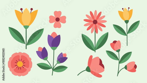 Colorful floral elements set on light green background.
