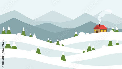 Serene Winter Landscape with Snowy Mountains and Cozy Cabin.