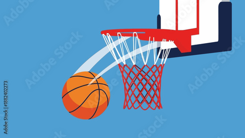 Basketball going through the hoop, successful shot, basketball game action.