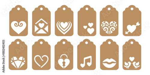 Set of Valentine's Day decorative gift tag shapes cut files. Vector templates with hearts for cutting. Wedding tag stencils. Craft paper or cardboard label for gift wrapping