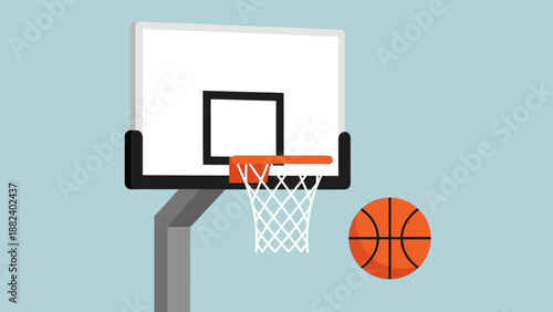 Basketball hoop with orange ball on light blue background.