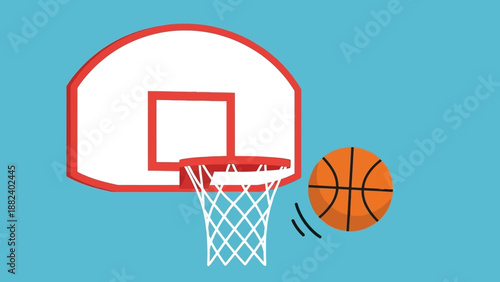 Basketball going through the hoop on a blue background.