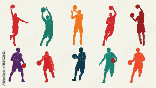 Colorful silhouettes of basketball players in various dynamic poses.