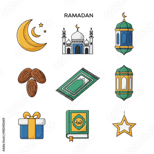 Ramadan Icons Featuring Mosque and Symbols 9.