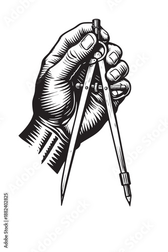Hand holding divider measuring distance technical drafting concept