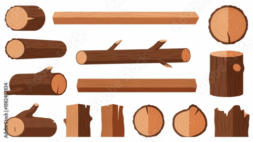 Collection of various wooden logs and cut timber illustrations.