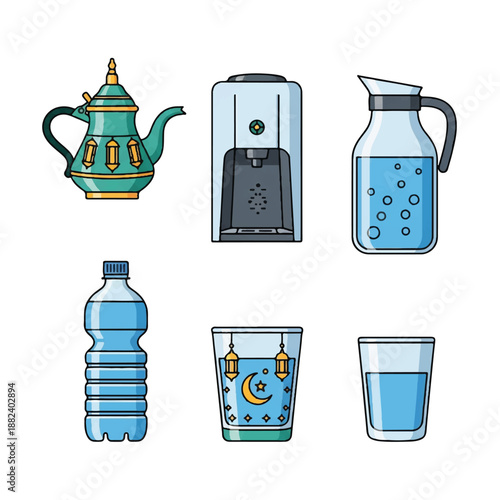 Assorted Water Bottles and Coffee Maker.