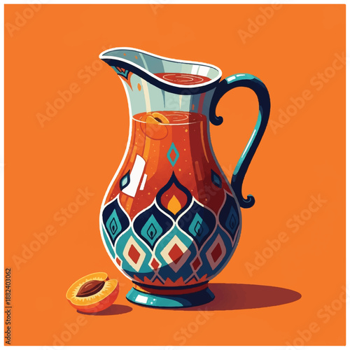 Colorful Ceramic Jug with Orange Liquid Inside.