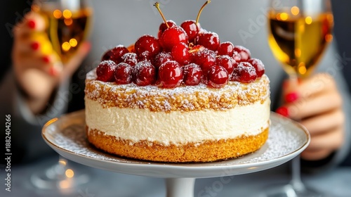 Two Layered Cherry Cake with Sparkling Wine