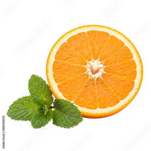 Fresh orange slice with mint leaves on white isolated on transparent background