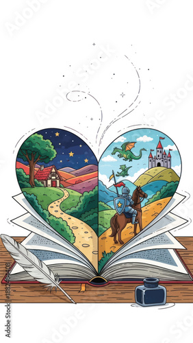 Open Book of Imagined Journeys: Night and Day Landscapes Emerging from Pages.