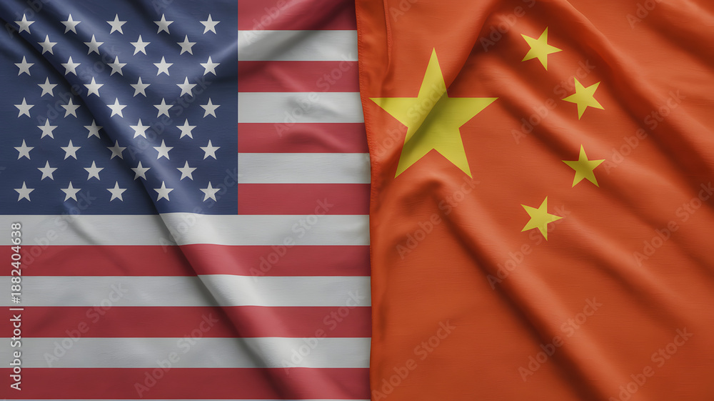 Obraz premium Iconic US and Chinese flags blend seamlessly, symbolizing global relations, trade, and diplomatic ties in a modern world.