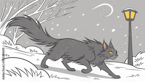 Stylized Gray Cat Illustration Exploring Snowy Winter Park With Glowing Streetlight