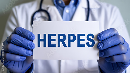 Medical Professional in White Coat and Blue Gloves Holding a Paper Sign with the Word Herpes for Disease Diagnosis and Patient Awareness