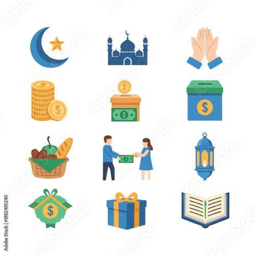 Islamic Charity Icons Set Illustration.
