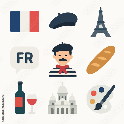 Collection of icons like wine, baguette, and beret