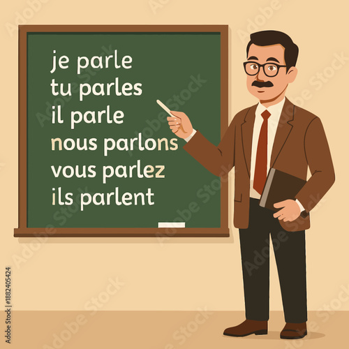 Male teacher pointing at French verbs on a board