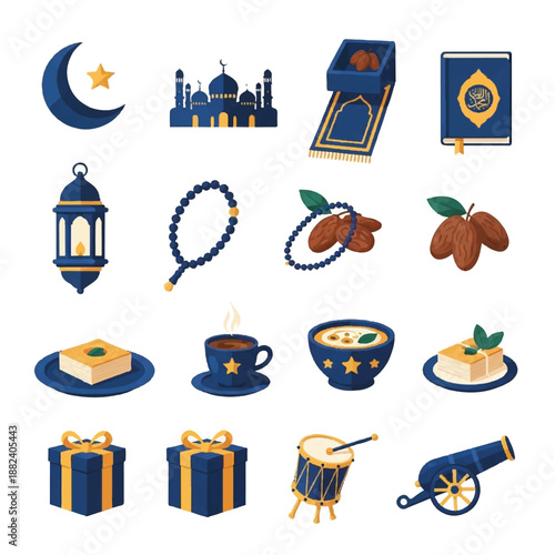 Ramadan Icons Featuring Islamic Symbols and Gifts.