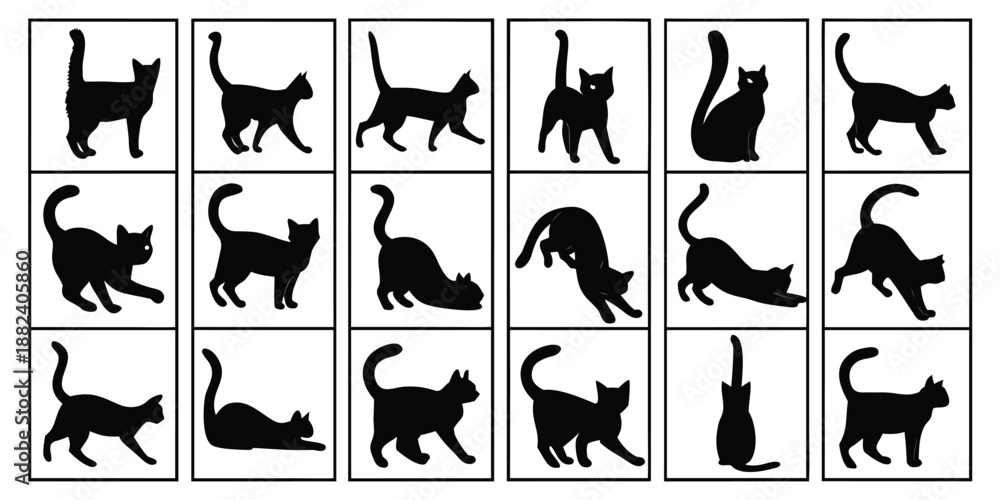 Obraz premium Collection of Eighteen Black Cat Silhouettes in a Grid Displaying Various Feline Poses
