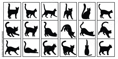 Collection of Eighteen Black Cat Silhouettes in a Grid Displaying Various Feline Poses