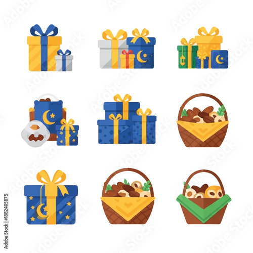 Colorful Gift Boxes and Baskets with Decorations.