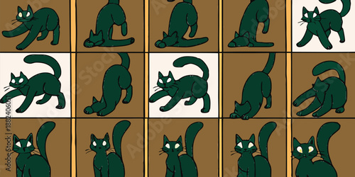Stylized Cartoon Black Cat Pattern with Playful Poses and Checkered Background