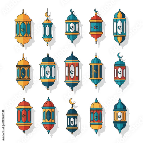 Colorful Ramadan Lanterns with Crescent Moon.