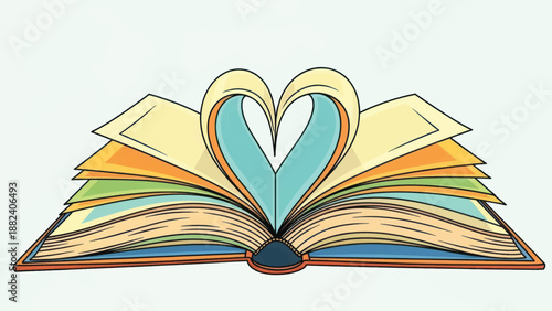 Whimsical open book with heart shaped pages symbolizing love of reading and imagination.