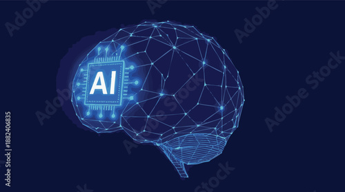 Futuristic Light Blue Brain with AI Circuit Diagram Illustration in Deep Blue Background