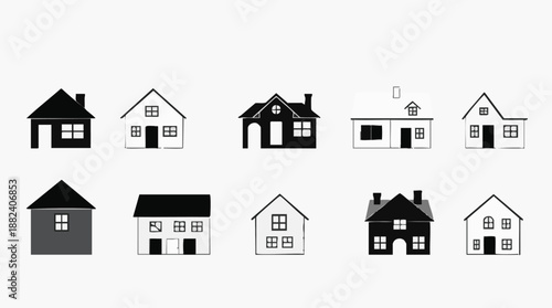 Nine Simple Black-and-White House Icons in Varying Roof Styles and Door Details – Flat Design Vector Collection