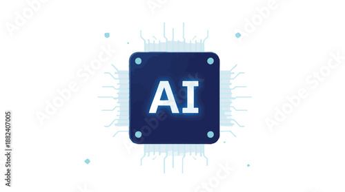 Dynamic AI microchip illustration with radiating lines and digital energy on a dark blue square, viewed in a clean white backdrop