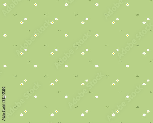 絵本やアニメの草原をイメージした、草花柄のシームレスパターン　草と白い花柄模様のかわいい背景画像ベクターイラスト