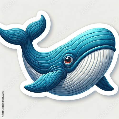 Blue whale with white striped belly, flowing tail, elegant curves, sticker design on light background with white border