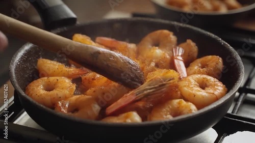 Delicious shrimp cooking in a pan with a wooden spoon on a stove top.