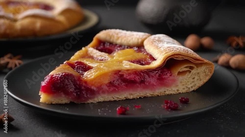 Delicious slice of fruit tart on a black plate, perfect dessert for any occasion.