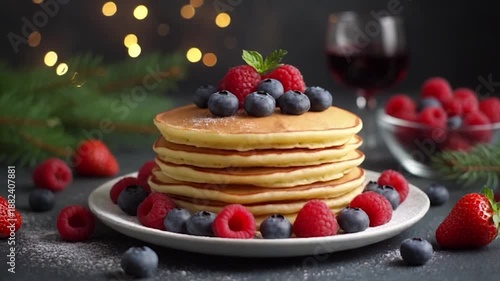 Delicious Stack of Pancakes with Fresh Berries for a Sweet Breakfast.