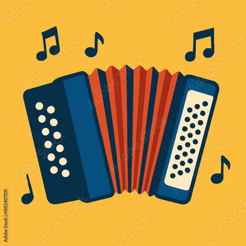 Accordion and music notes in flat style